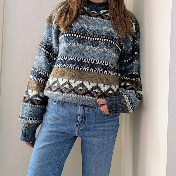 Vintage Abstract Geometric Chunky Textured Crewneck Sweater In Sky Blue/Tan - Picture 3 of 8